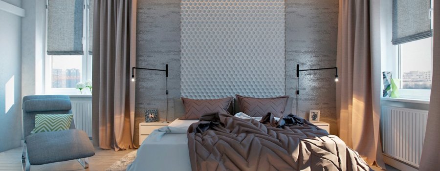 Interjera dizains guļamistabam: tiek izmantots betons sienu dekorēsanai